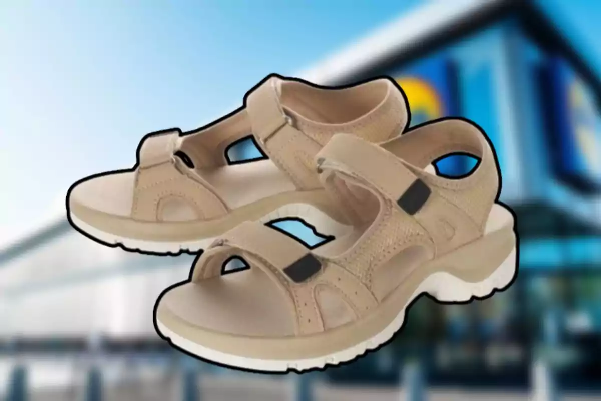 Sandalias beige con fondo de edificio borroso. Sandalias beige con fondo de edificio borroso.