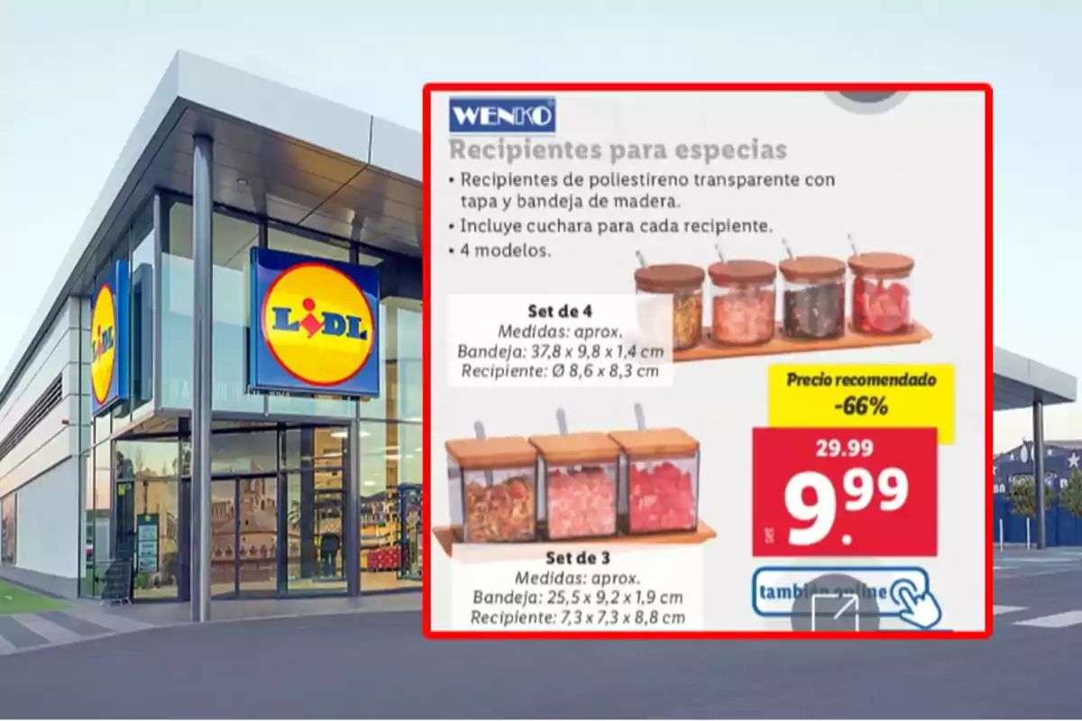 Fachada de una tienda Lidl con un cartel promocional de recipientes para especias en oferta a 9,99 euros Fachada de una tienda Lidl con un cartel promocional de recipientes para especias en oferta a 9,99 euros