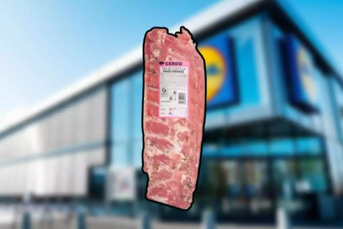 Un paquete de costillas de cerdo con hierbas aparece sobre un fondo borroso de un supermercado. Un paquete de costillas de cerdo con hierbas aparece sobre un fondo borroso de un supermercado.