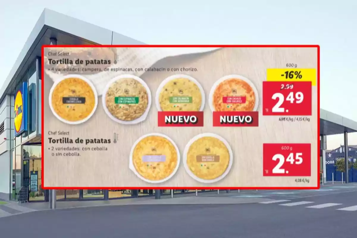 Promoción de tortillas de patatas Chef Select en un supermercado, con variedades como campera, espinacas, calabacín y chorizo, destacando dos nuevas opciones y precios rebajados. Promoción de tortillas de patatas Chef Select en un supermercado, con variedades como campera, espinacas, calabacín y chorizo, destacando dos nuevas opciones y precios rebajados.
