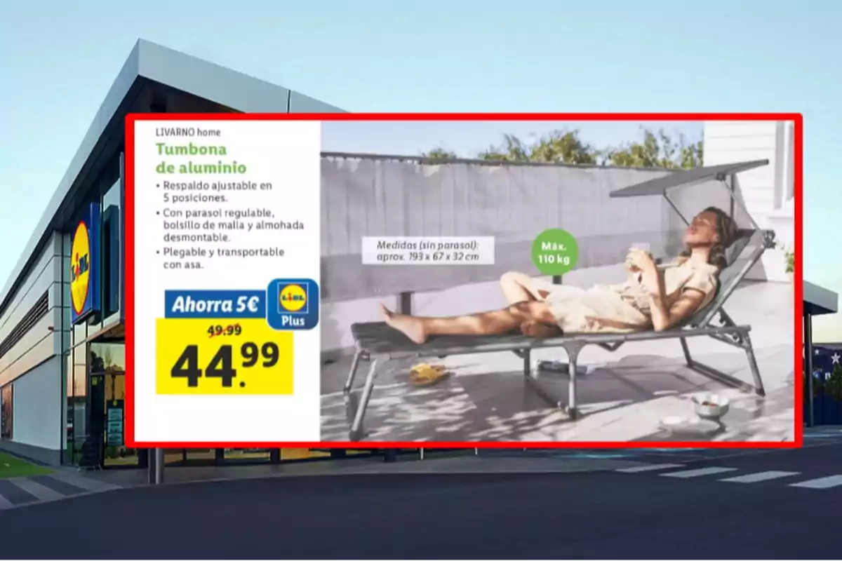 Promoción de una tumbona de aluminio con parasol ajustable y respaldo reclinable en cinco posiciones, disponible en Lidl por 44,99 euros, con una mujer recostada disfrutando al aire libre Promoción de una tumbona de aluminio con parasol ajustable y respaldo reclinable en cinco posiciones, disponible en Lidl por 44,99 euros, con una mujer recostada disfrutando al aire libre