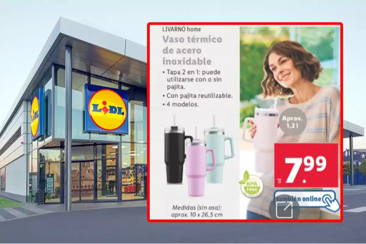 Fachada de una tienda Lidl con un anuncio de vaso térmico de acero inoxidable en varios colores, precio de 7,99 euros y opción de compra online Fachada de una tienda Lidl con un anuncio de vaso térmico de acero inoxidable en varios colores, precio de 7,99 euros y opción de compra online