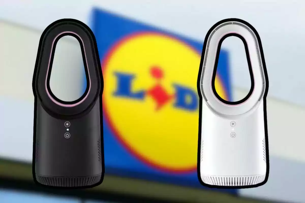 Dos ventiladores sin aspas, uno negro y otro blanco, frente a un cartel de Lidl. Dos ventiladores sin aspas, uno negro y otro blanco, frente a un cartel de Lidl.