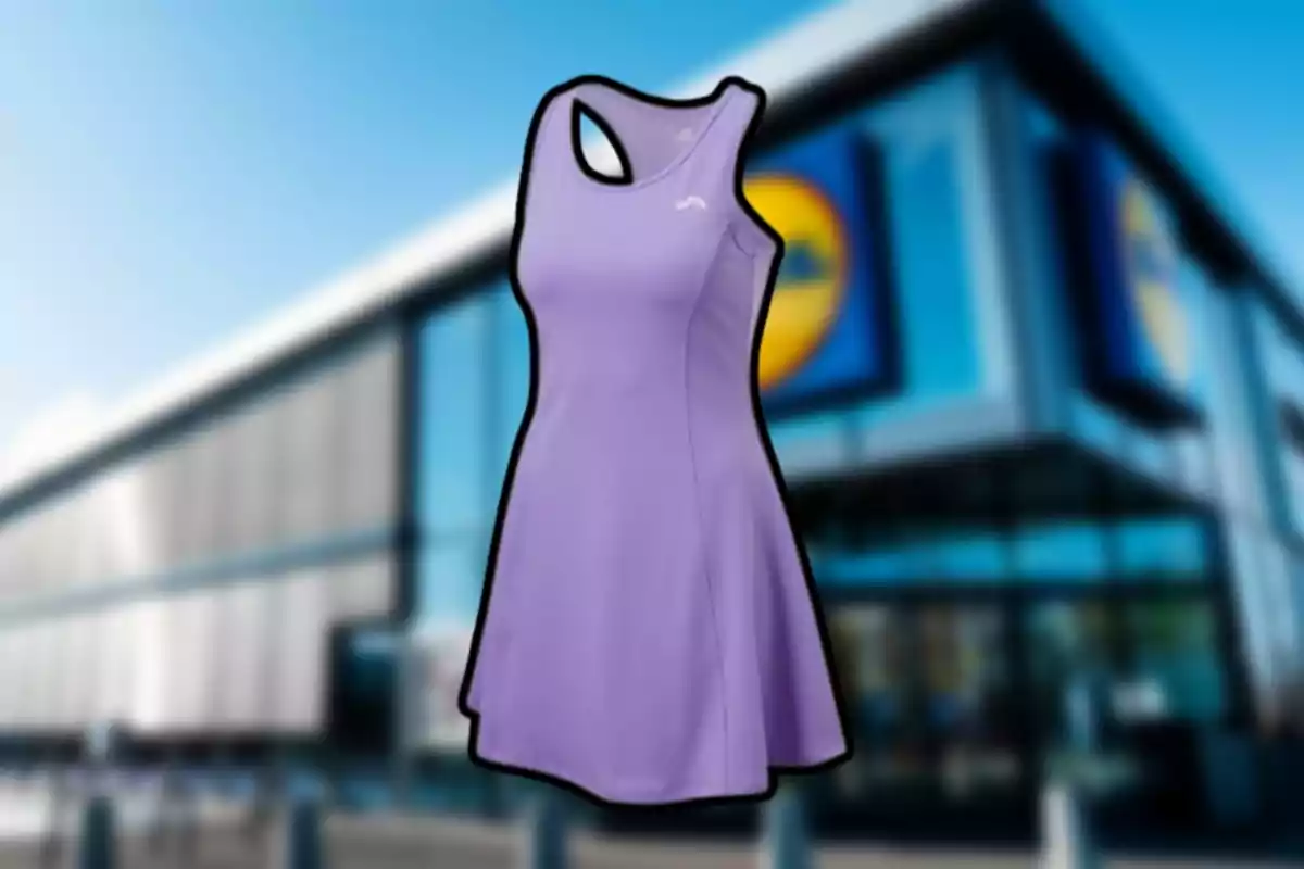 Vestido deportivo morado frente a una tienda. Vestido deportivo morado frente a una tienda.