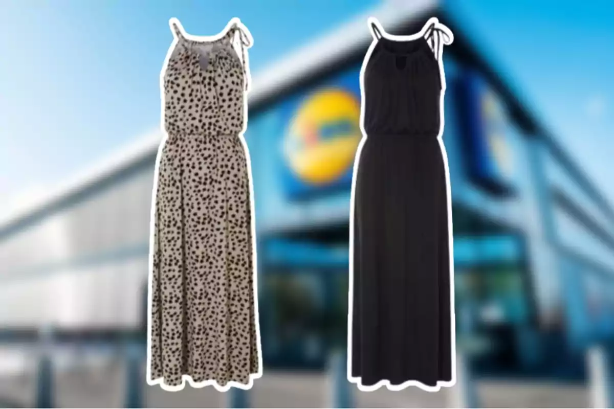 Dos vestidos largos, uno con estampado de manchas y otro negro, frente a un edificio con un logotipo borroso. Dos vestidos largos, uno con estampado de manchas y otro negro, frente a un edificio con un logotipo borroso.