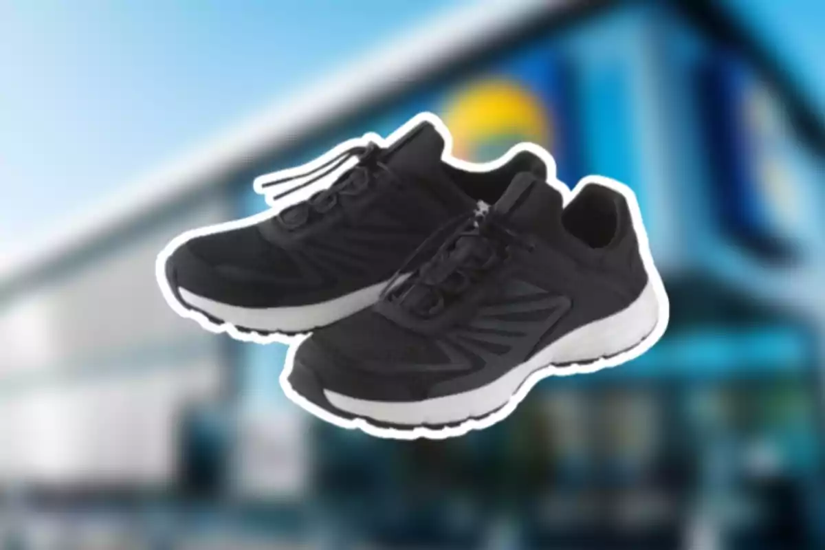 Un par de zapatillas deportivas negras con fondo desenfocado de un edificio. Un par de zapatillas deportivas negras con fondo desenfocado de un edificio.