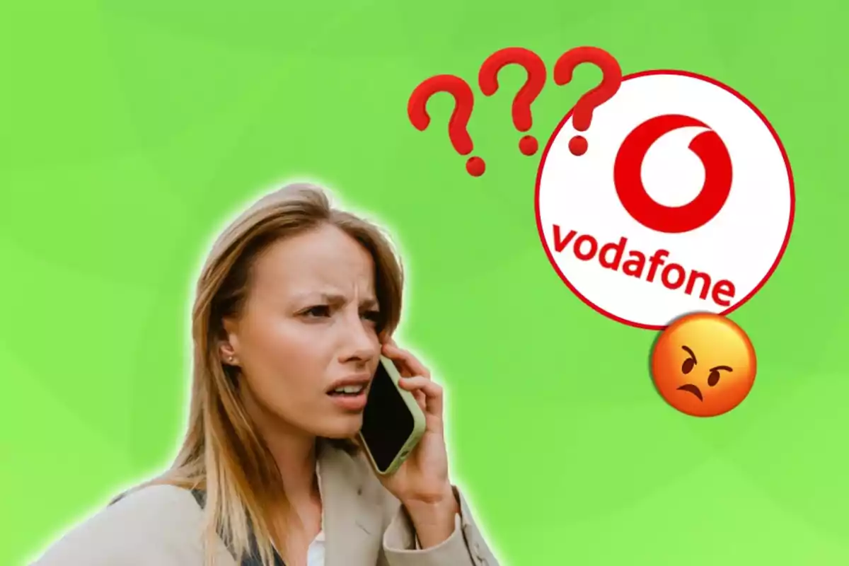 Mujer hablando por teléfono con expresión de confusión y enojo, logotipo de Vodafone y emojis de interrogación y enojo sobre fondo verde.