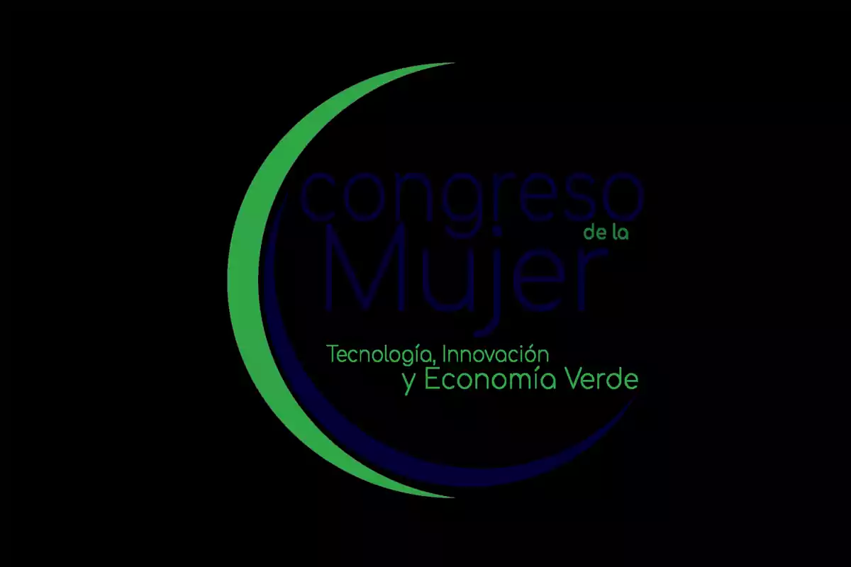 Logotipo del Congreso de la Mujer con un diseño de media luna en verde y azul y texto que menciona tecnología, innovación y economía verde.