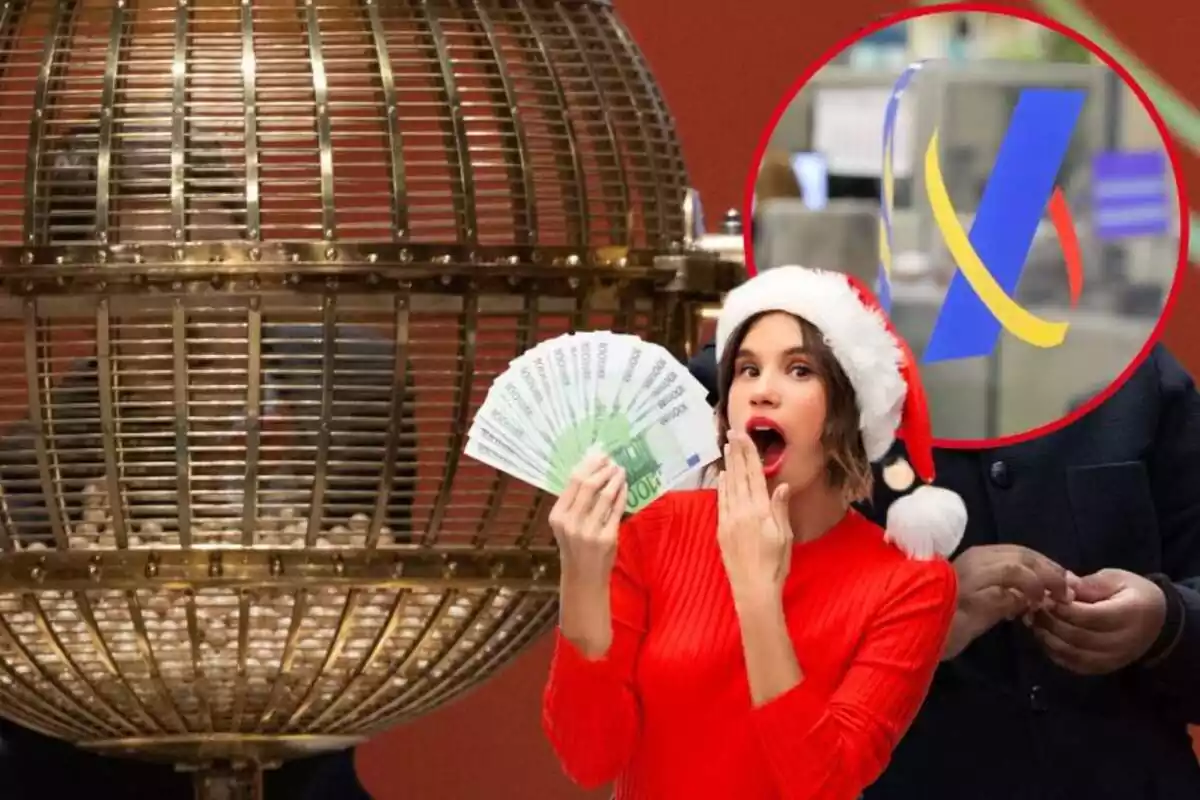 Imagen de fondo de un bombo de la lotería de Navidad junto a una imagen de un logo de la Agencia Tributaria y otra imagen de una mujer con un gorro de navidad y con euros en la mano