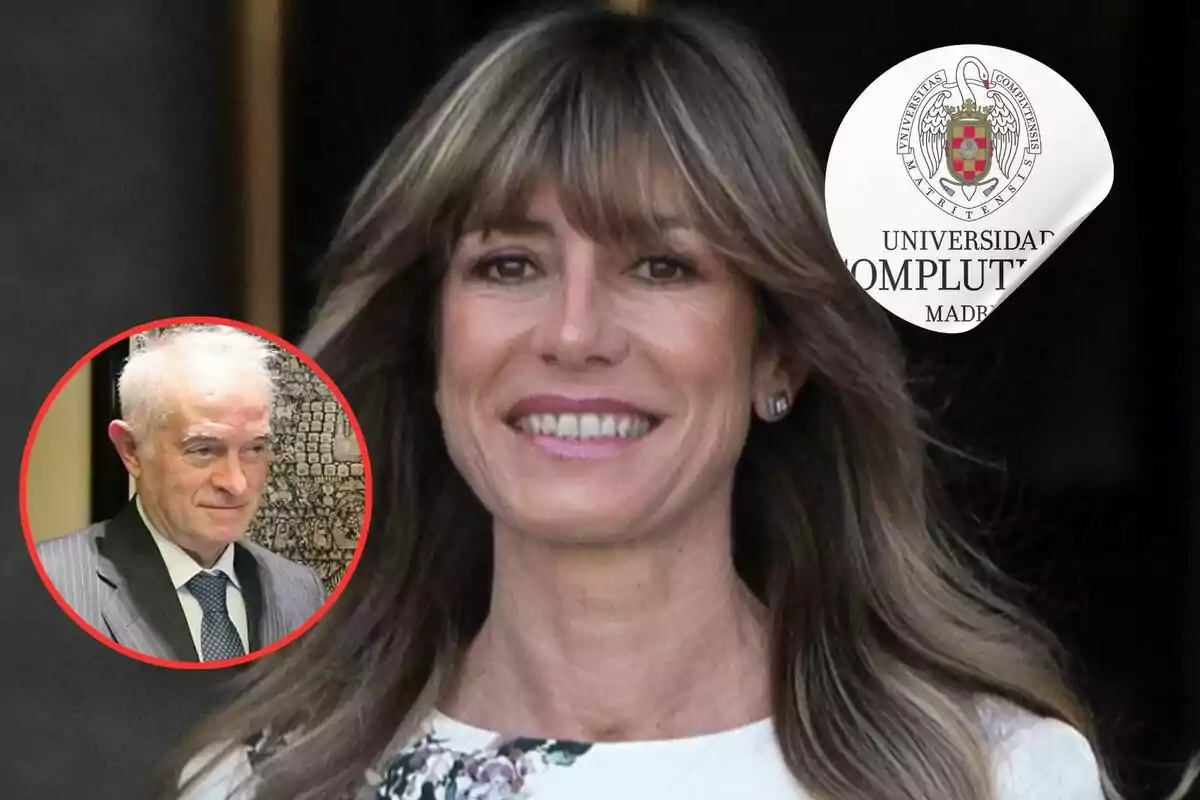 Una mujer sonriente con cabello largo y flequillo, junto a un hombre mayor en un recuadro rojo y el logo de la Universidad Complutense de Madrid.