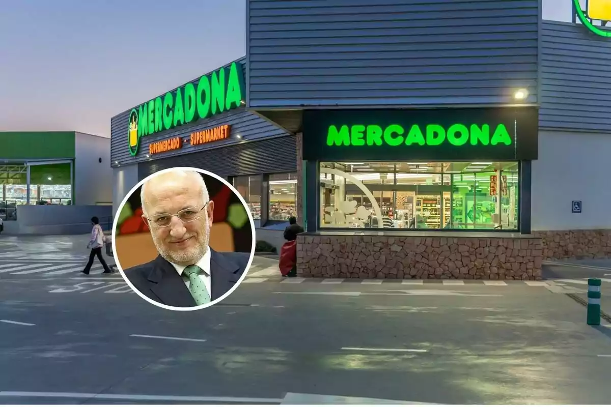 Fachada de un supermercado Mercadona al atardecer con un retrato de un hombre mayor en un círculo superpuesto.