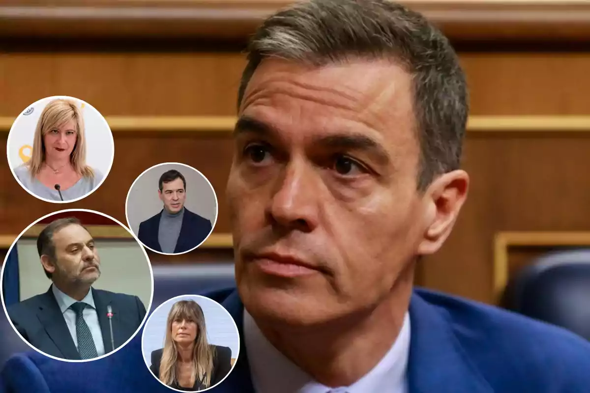 Primer plano de un hombre de traje con expresión seria en un entorno institucional, rodeado de cuatro retratos circulares de otras personas