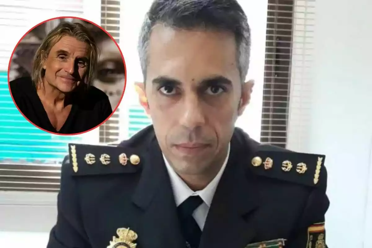 Un oficial de policía con uniforme formal aparece en la imagen principal, mientras que en un círculo rojo superpuesto se muestra a un hombre de cabello largo y rubio sonriendo.