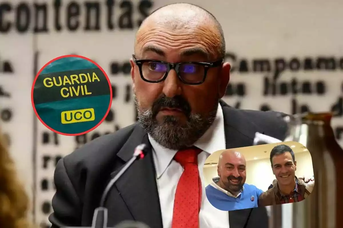 Hombre calvo con barba y gafas vestido con traje y corbata roja frente a un micrófono, con un círculo que muestra el logo de la Guardia Civil UCO y una foto insertada de dos personas sonriendo