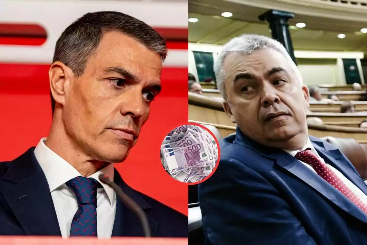 Dos hombres con traje aparecen en diferentes escenarios y en el centro de la imagen hay un círculo con billetes de euro.