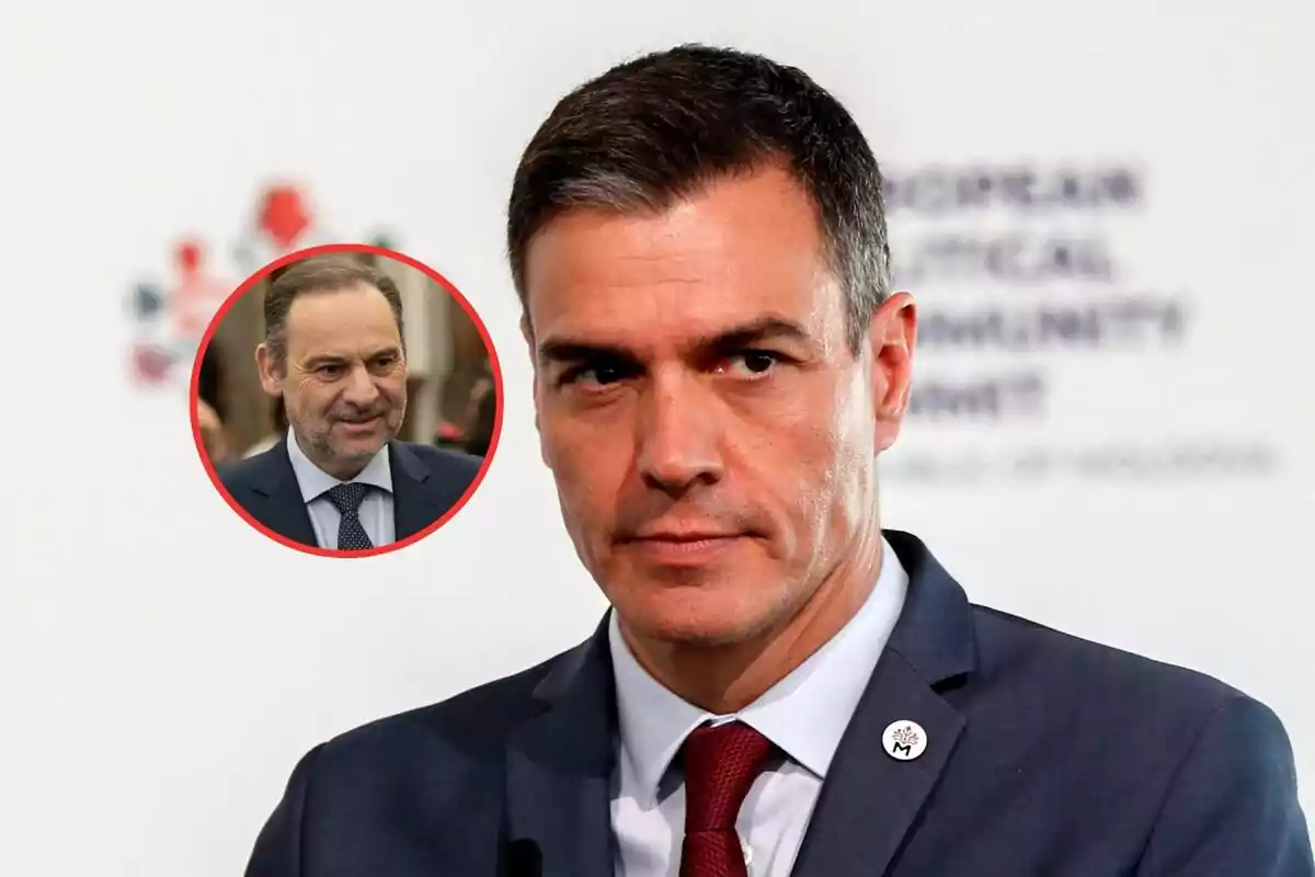 Un hombre con traje y corbata aparece en primer plano, con un fondo que tiene texto borroso y un círculo rojo que muestra a otra persona sonriendo.