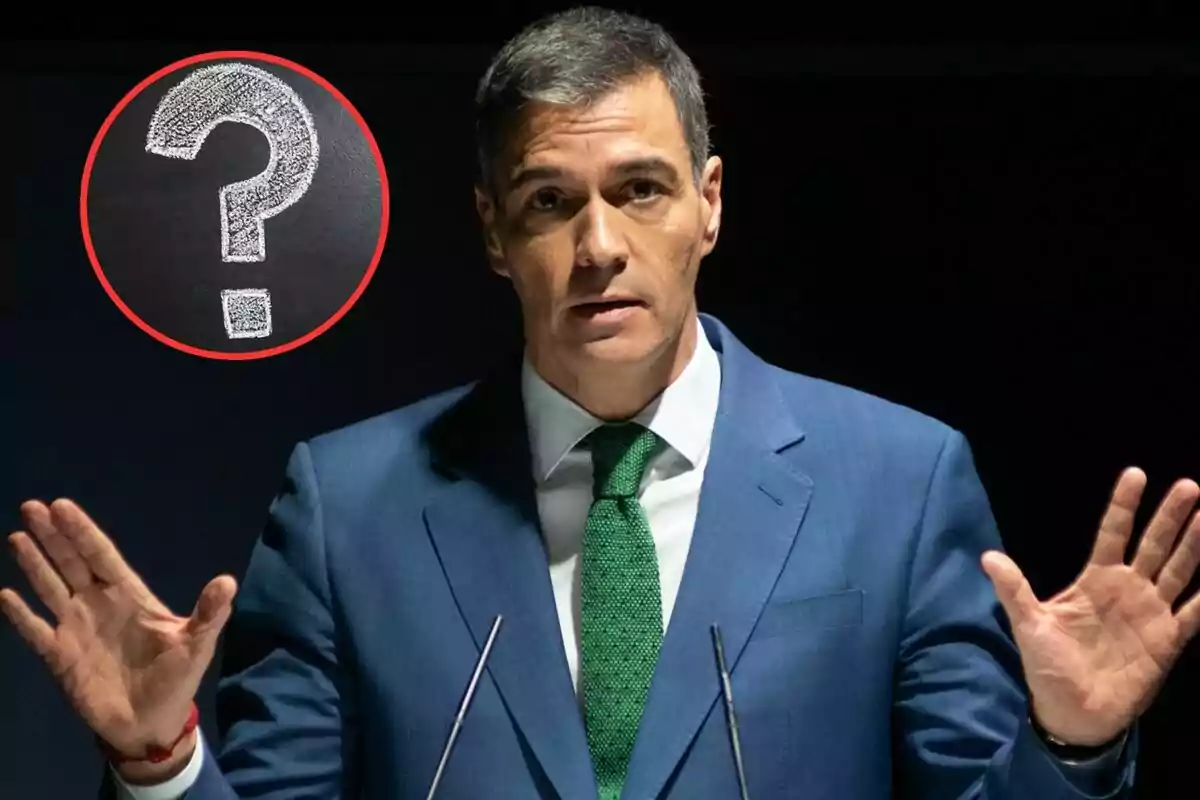 Un hombre en traje azul con corbata verde levanta las manos mientras un signo de interrogación en un círculo rojo aparece a su lado.