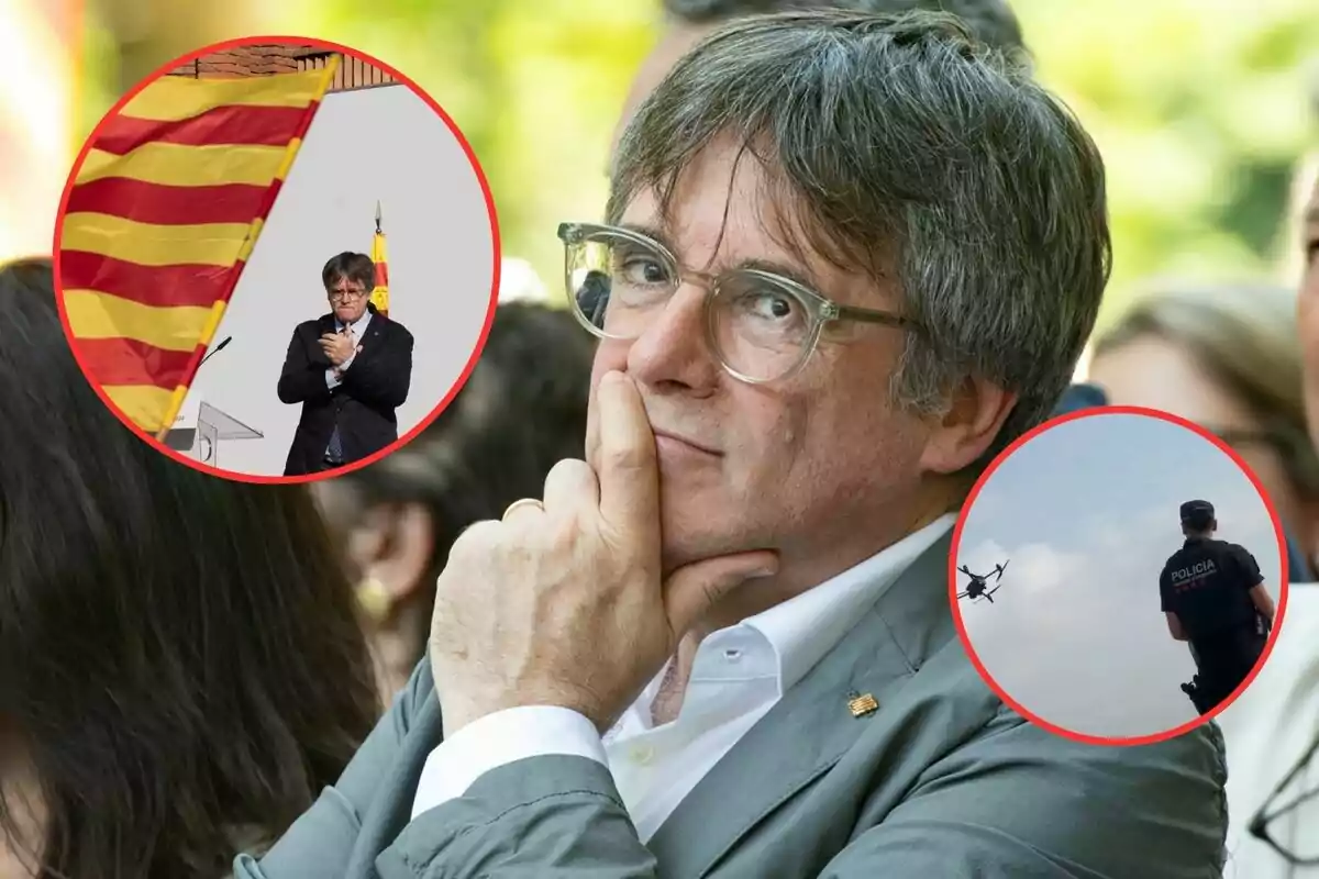 Un hombre con gafas y chaqueta gris aparece pensativo en primer plano, mientras que en dos círculos rojos se muestran imágenes de un hombre en un podio con una bandera catalana y un policía observando un helicóptero.