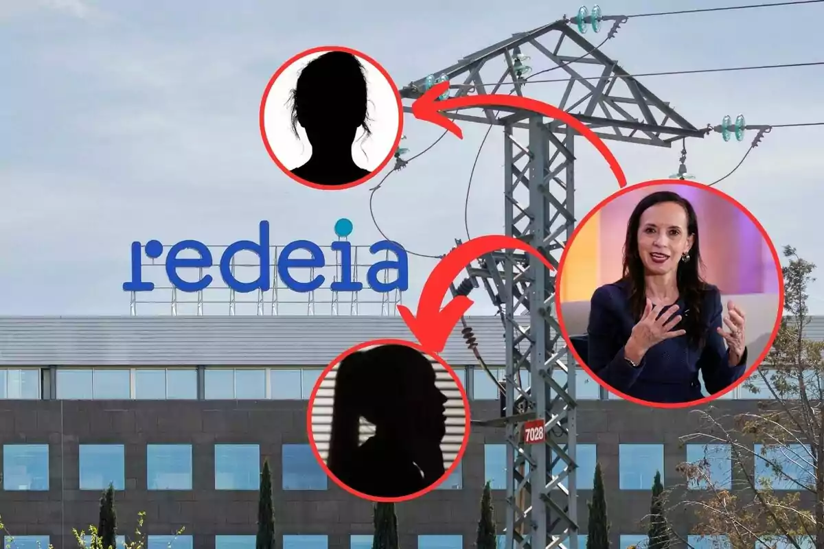 Edificio de Redeia con una torre eléctrica en primer plano y tres círculos rojos que contienen siluetas de personas y una mujer hablando.