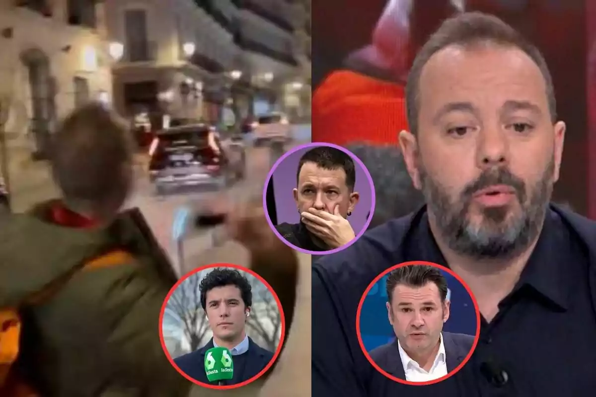 Una imagen dividida en dos partes muestra a una persona caminando por una calle con coches al fondo y a la derecha hay un hombre hablando en un programa de televisión con tres rostros en círculos superpuestos.