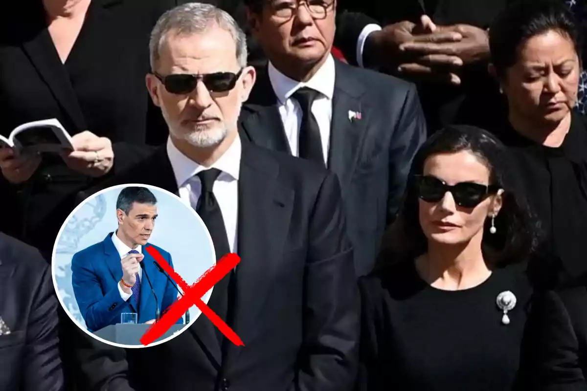 People dressed in black with sunglasses at a formal event, with a circular image of a man speaking at a podium crossed out with a red X.