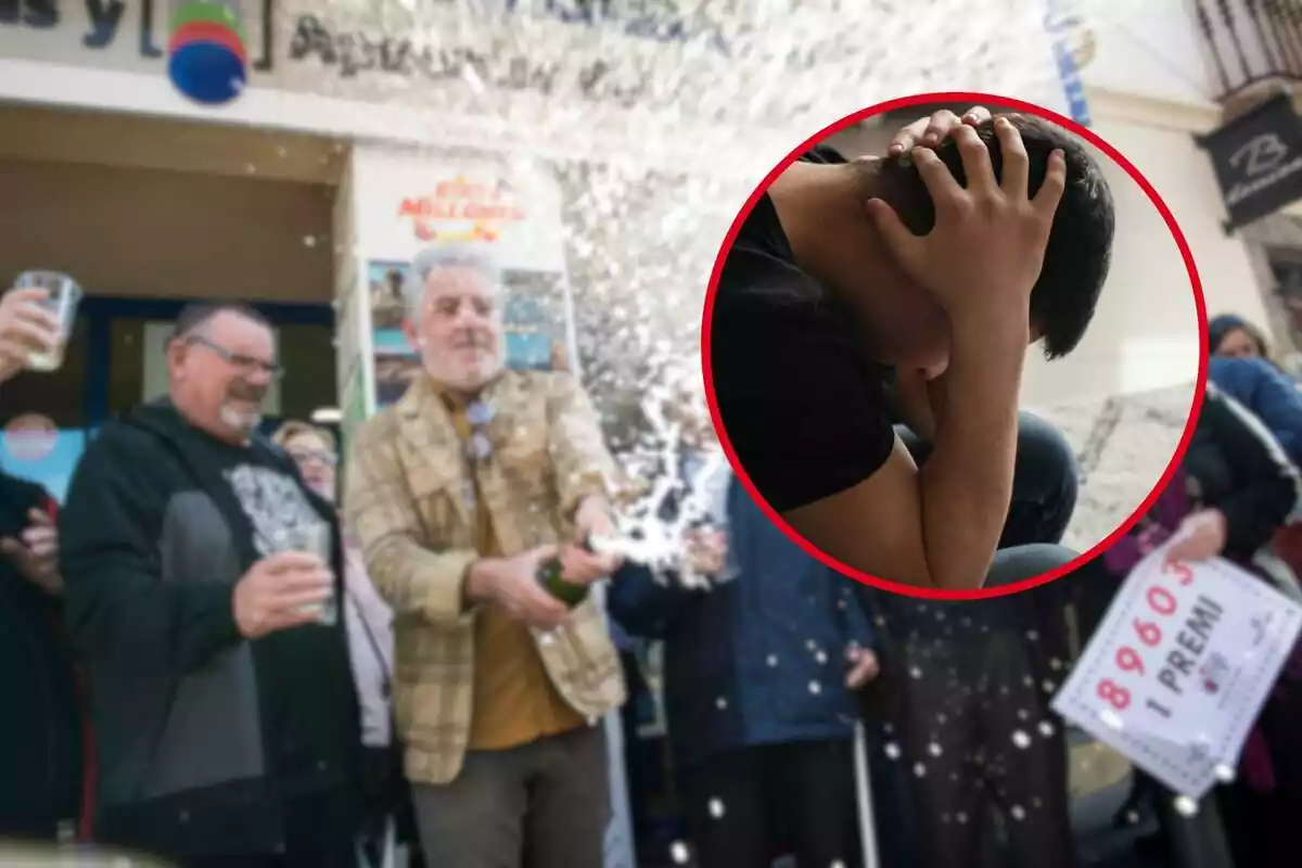 Montaje fotográfico entre un conjunto de personas celebrando un premio de lotería y una persona triste