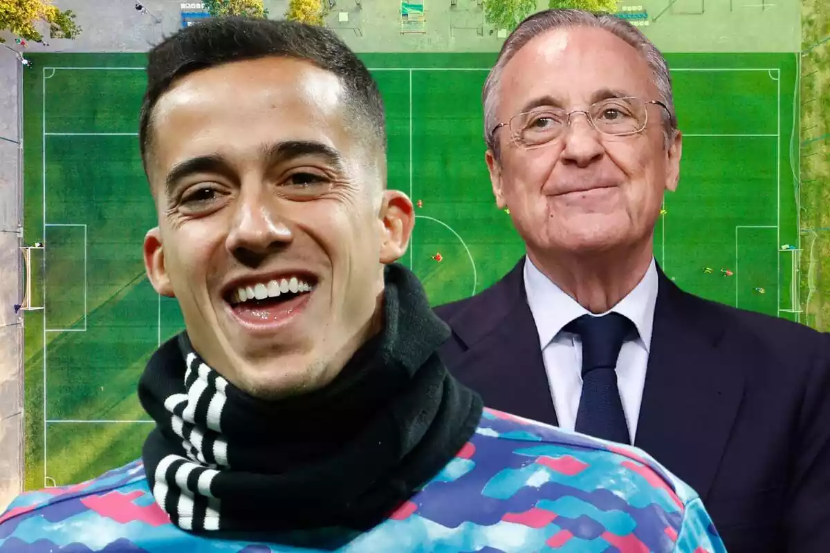 Lucas Vázquez sonriendo en primer plano con Florentino Pérez al fondo sobre un campo de fútbol