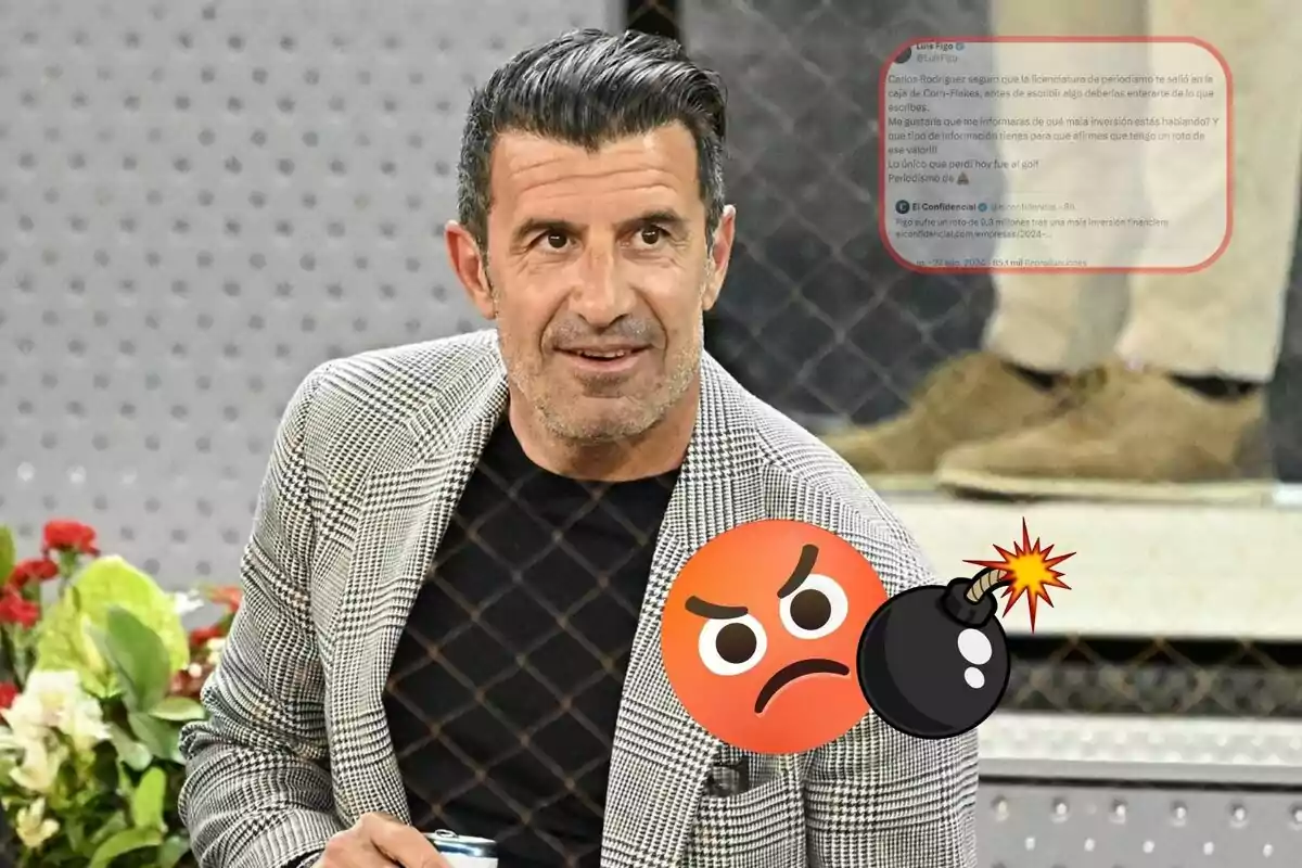 Hombre con chaqueta a cuadros y camiseta negra, con un emoji de cara enojada y una bomba superpuestos en la imagen.