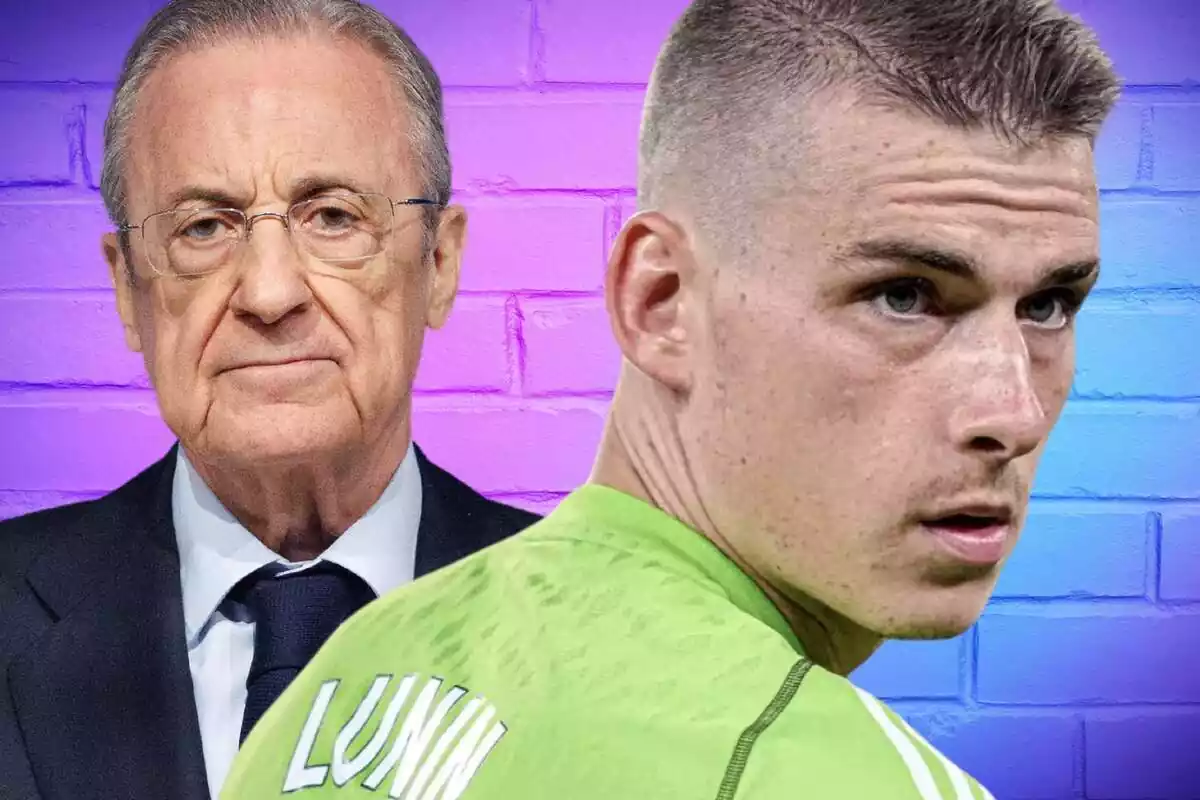 Andriy Lunin mira de reojo con Florentino Pérez al fondo sobre una pared con una luz azulada