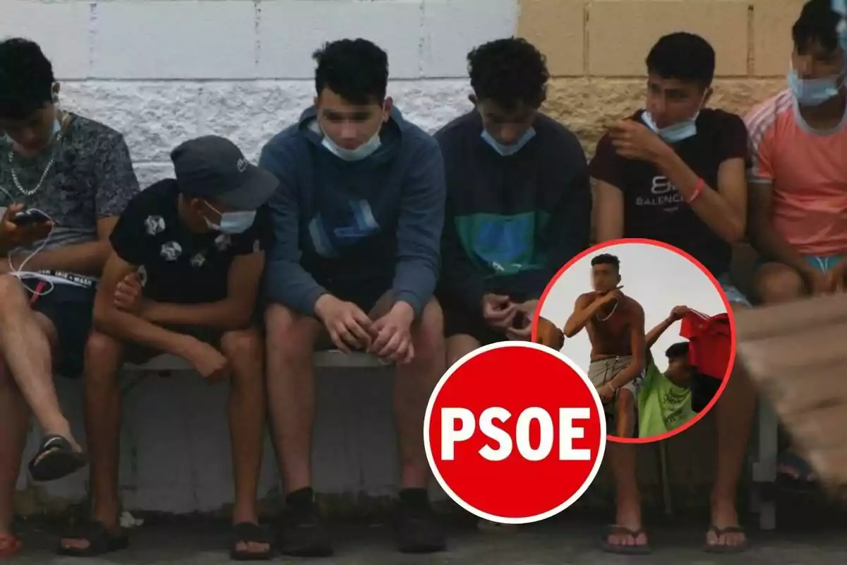 A group of young people sitting on a bench, some wearing masks, and a red circle with the letters "PSOE" in the foreground.