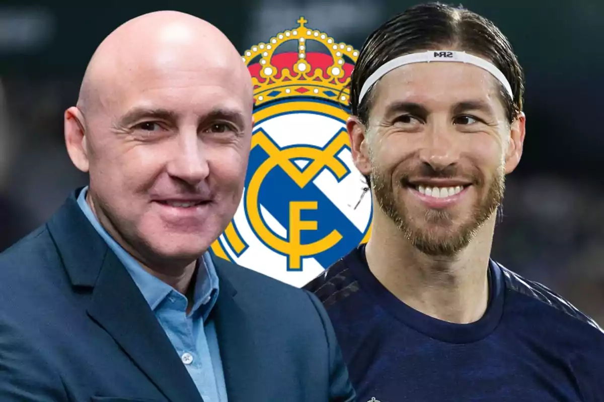 Dos personas sonrientes con el escudo del Real Madrid de fondo.