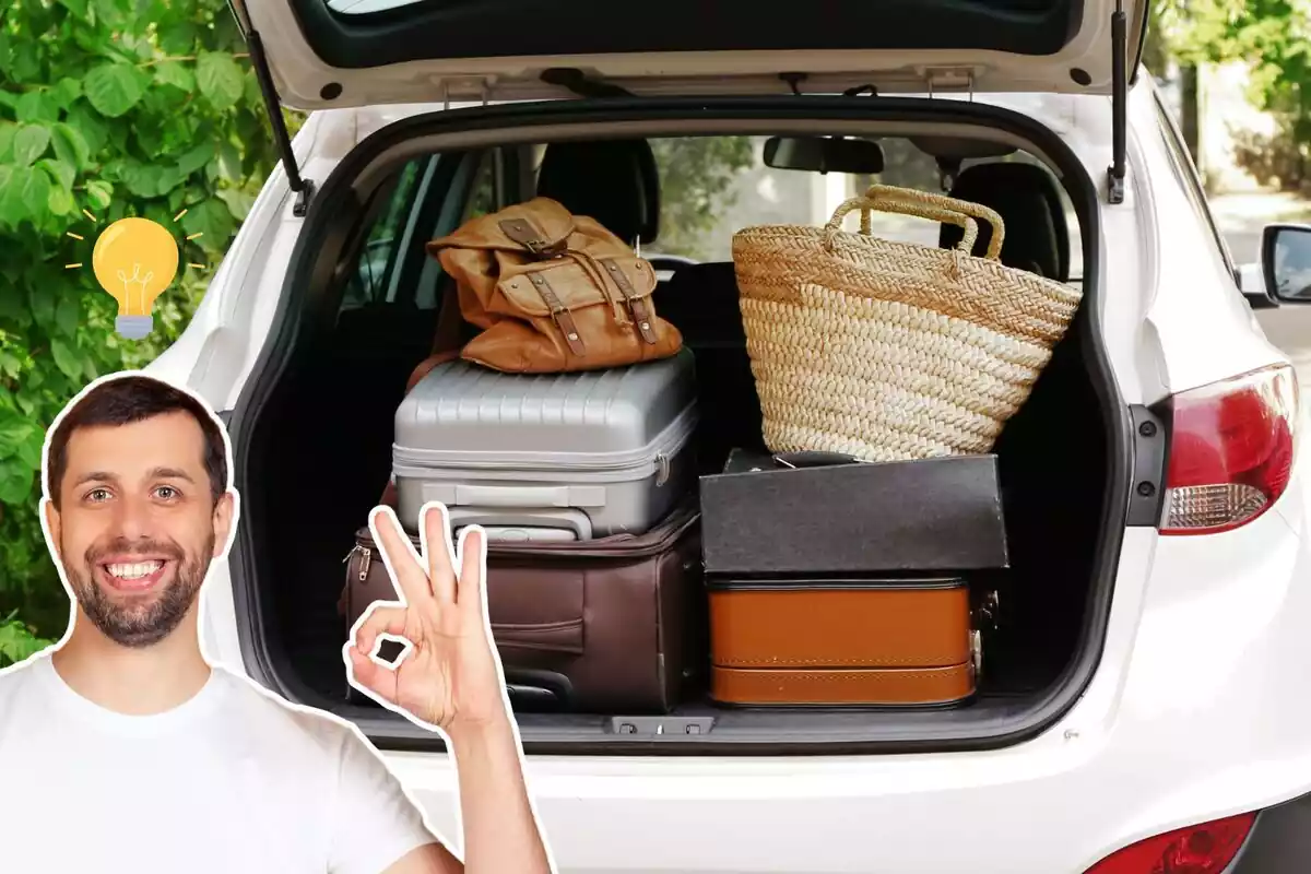 Imagen de fondo de un coche con el maletero lleno de maletas y otro equipaje, además de una persona en primer plano con gesto de aprobación y un emoticono de una bombilla iluminada en la cabeza
