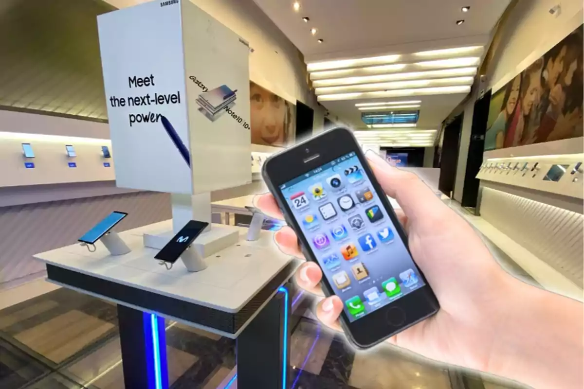 A hand holding a smartphone in a technology store with various devices on display.