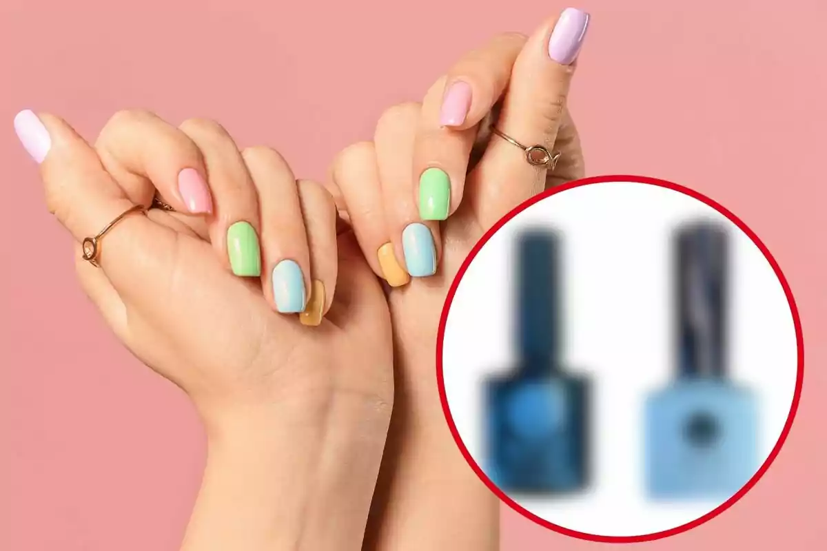 Manos con uñas pintadas en colores pastel y un círculo que muestra dos frascos de esmalte de uñas desenfocados.