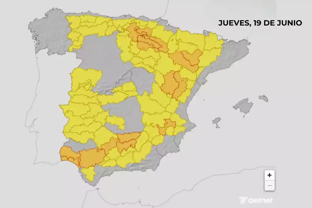 Mapa de España con varias provincias en alerta amarilla y naranja por condiciones meteorológicas adversas para el jueves, 19 de junio. Mapa de España con varias provincias en alerta amarilla y naranja por condiciones meteorológicas adversas para el jueves, 19 de junio.