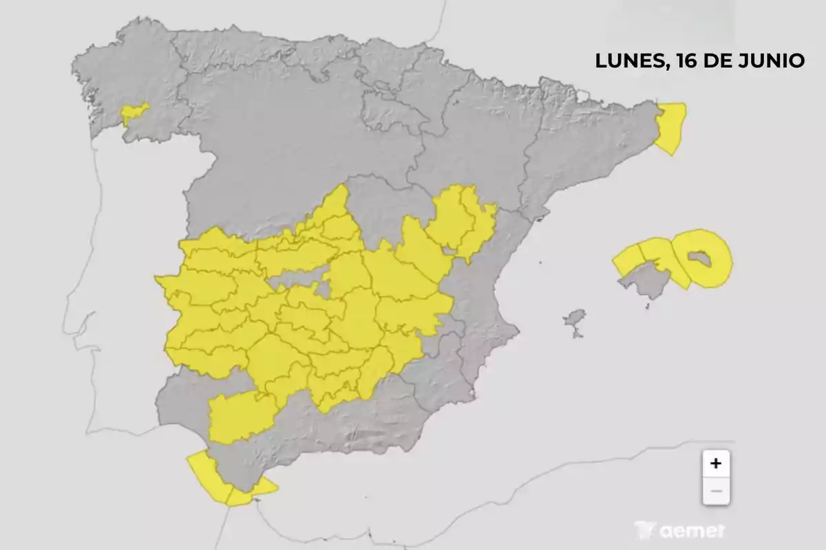 Mapa de España con varias provincias y zonas costeras resaltadas en amarillo indicando una alerta meteorológica para el lunes, 16 de junio. Mapa de España con varias provincias y zonas costeras resaltadas en amarillo indicando una alerta meteorológica para el lunes, 16 de junio.