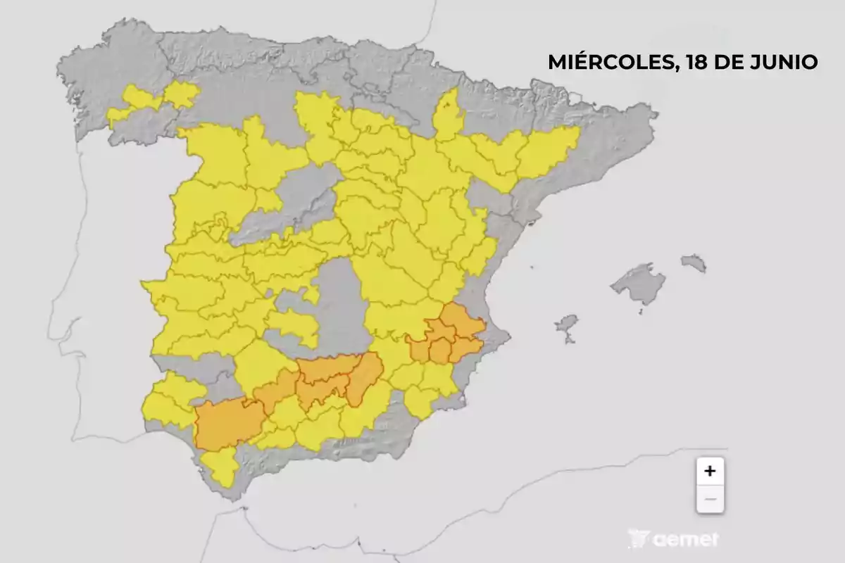 Mapa de España con varias provincias en alerta amarilla y naranja por condiciones meteorológicas adversas para el miércoles, 18 de junio. Mapa de España con varias provincias en alerta amarilla y naranja por condiciones meteorológicas adversas para el miércoles, 18 de junio.