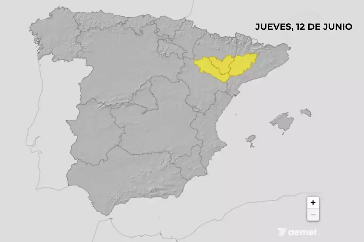 Mapa de España con una zona del noreste resaltada en amarillo y la fecha jueves 12 de junio en la esquina superior derecha. Mapa de España con una zona del noreste resaltada en amarillo y la fecha jueves 12 de junio en la esquina superior derecha.