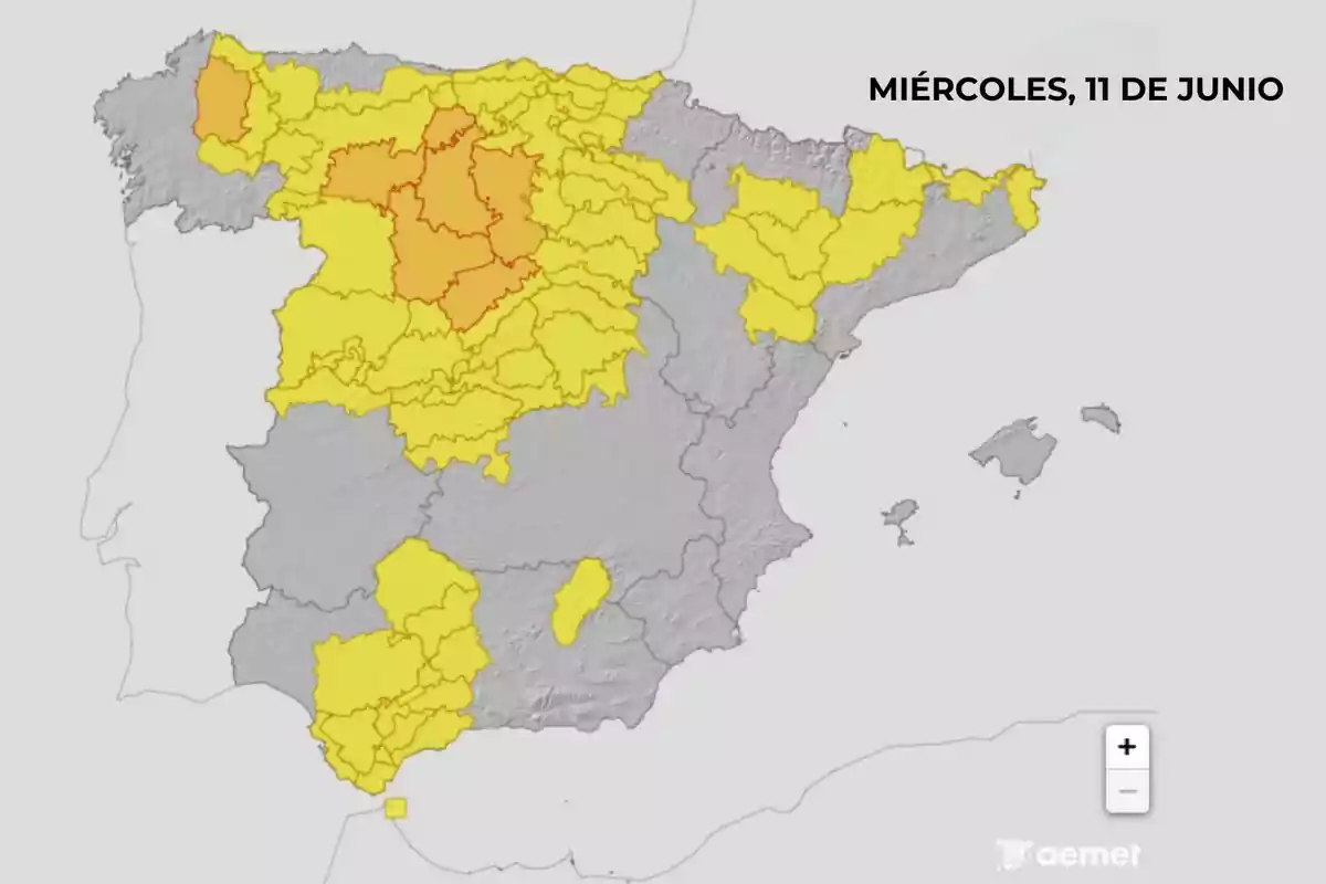 Mapa de España con varias provincias en alerta amarilla y naranja por condiciones meteorológicas adversas para el miércoles 11 de junio. Mapa de España con varias provincias en alerta amarilla y naranja por condiciones meteorológicas adversas para el miércoles 11 de junio.