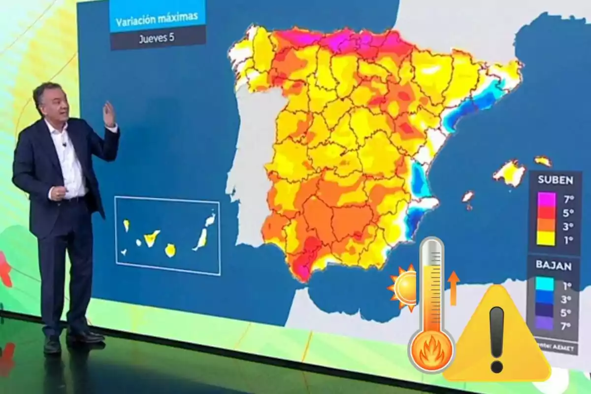 Presentador del clima mostrando un mapa de España con zonas en colores cálidos que indican un aumento de temperaturas y símbolos de advertencia de calor Presentador del clima mostrando un mapa de España con zonas en colores cálidos que indican un aumento de temperaturas y símbolos de advertencia de calor