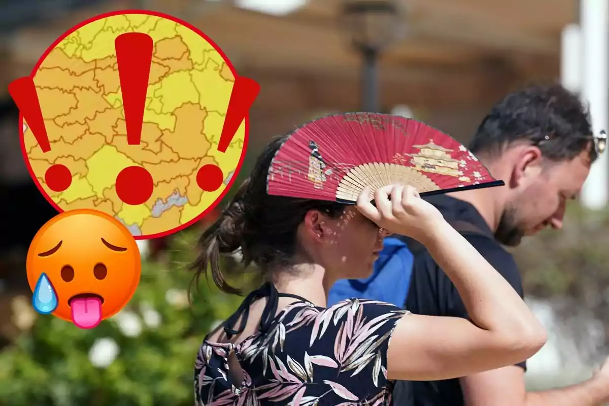 Persona protegiéndose del sol con un abanico, con un mapa de alerta de calor y un emoji de calor en la imagen.