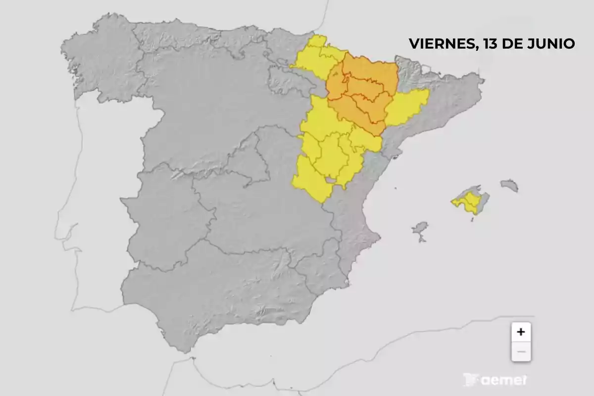 Mapa de España con varias provincias del norte y centro marcadas en amarillo y naranja indicando alertas meteorológicas para el viernes 13 de junio. Mapa de España con varias provincias del norte y centro marcadas en amarillo y naranja indicando alertas meteorológicas para el viernes 13 de junio.