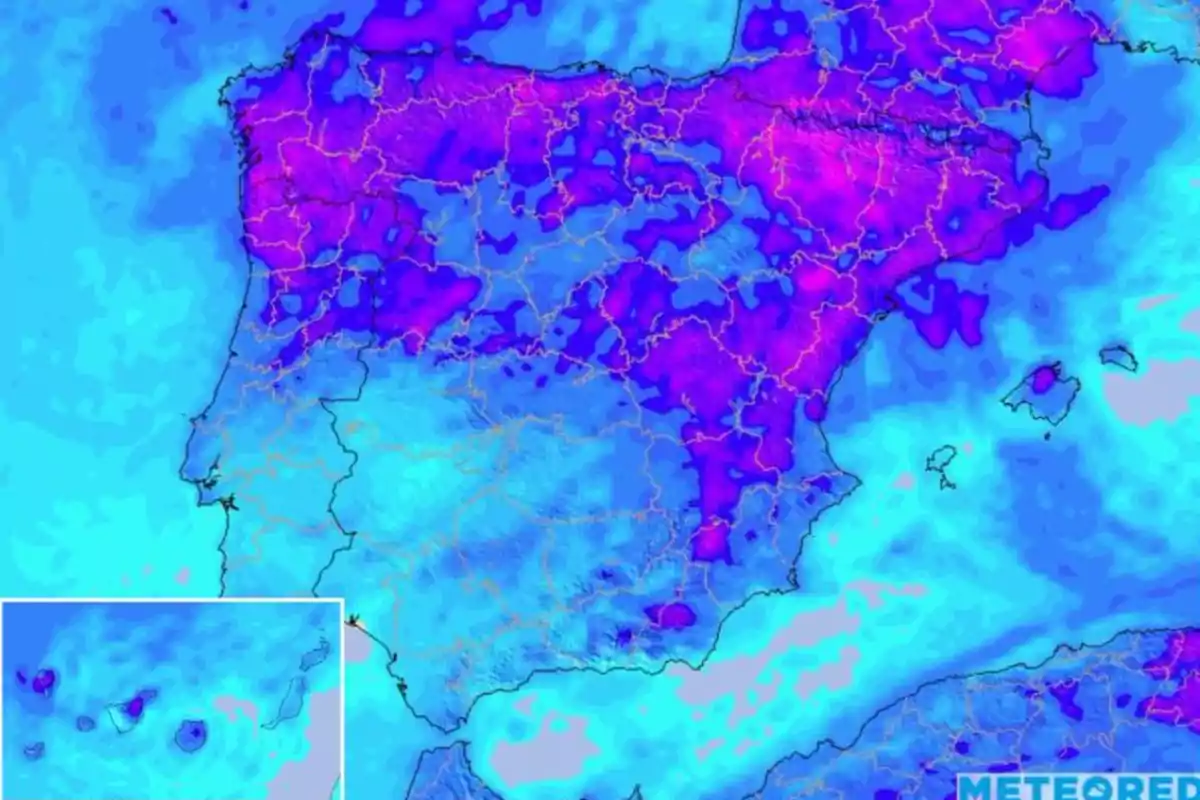 Mapa meteorológico de la península ibérica con colores que indican diferentes niveles de temperatura. Mapa meteorológico de la península ibérica con colores que indican diferentes niveles de temperatura.