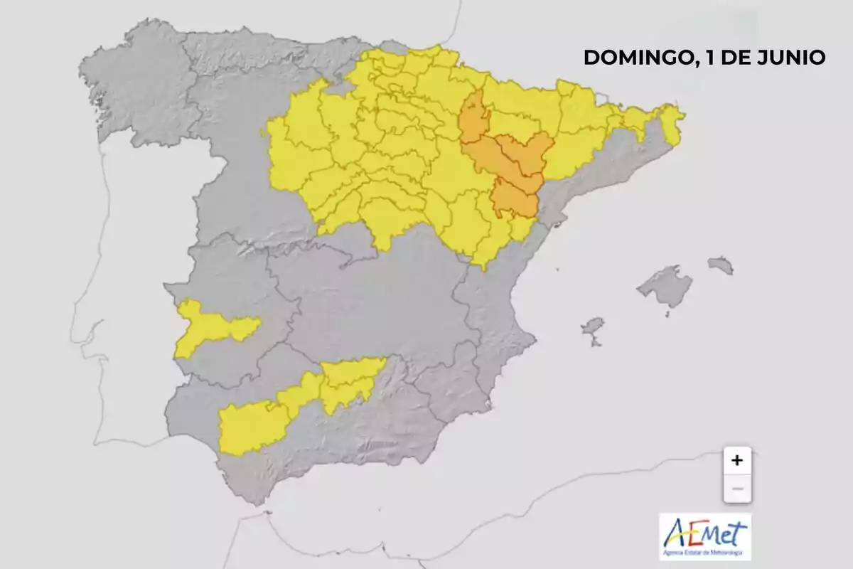 Mapa de España con varias provincias en alerta amarilla y naranja por condiciones meteorológicas adversas para el domingo 1 de junio según la AEMET. Mapa de España con varias provincias en alerta amarilla y naranja por condiciones meteorológicas adversas para el domingo 1 de junio según la AEMET.