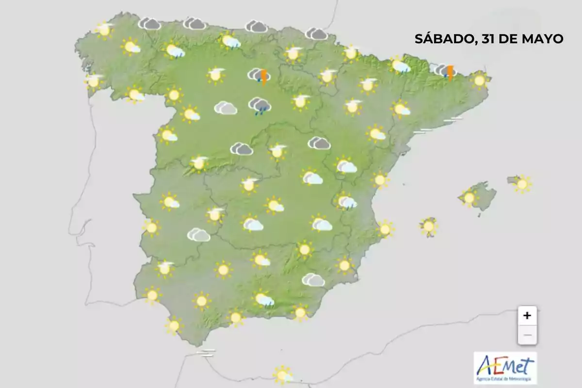 Mapa de España con el pronóstico del tiempo para el sábado 31 de mayo mostrando mayormente cielos soleados y algunas zonas con nubes y lluvias aisladas. Mapa de España con el pronóstico del tiempo para el sábado 31 de mayo mostrando mayormente cielos soleados y algunas zonas con nubes y lluvias aisladas.