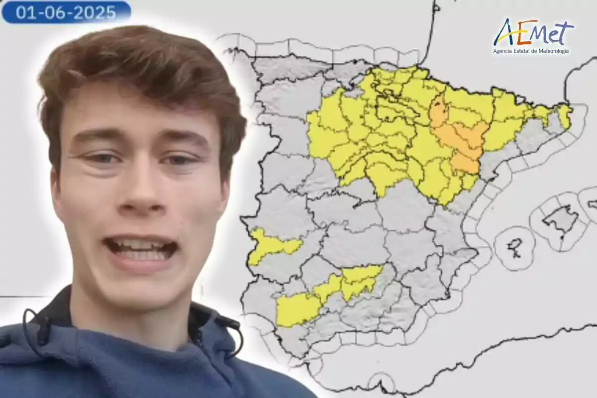 Montaje de fotos de Jorge Rey hablando frente a un mapa de España con varias zonas resaltadas en amarillo y naranja, fecha 01-06-2025 y logotipo de AEMET en la esquina superior derecha. Montaje de fotos de Jorge Rey hablando frente a un mapa de España con varias zonas resaltadas en amarillo y naranja, fecha 01-06-2025 y logotipo de AEMET en la esquina superior derecha.