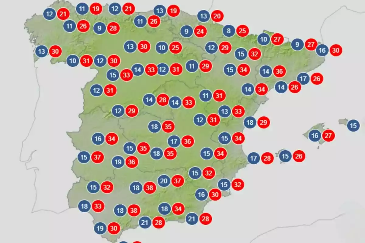 Mapa de España y Portugal con números en círculos rojos y azules distribuidos por el territorio. Mapa de España y Portugal con números en círculos rojos y azules distribuidos por el territorio.