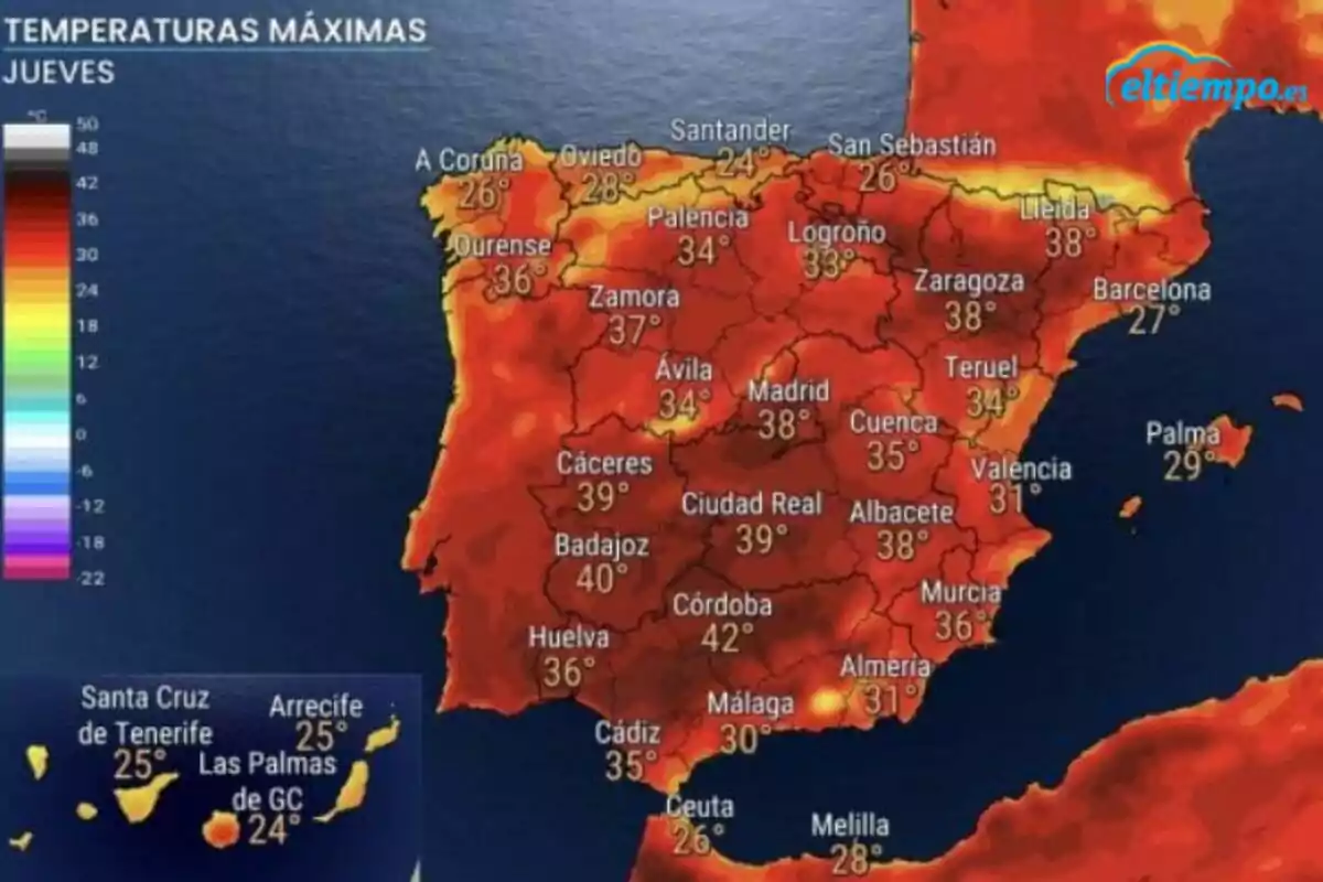 Mapa de España con temperaturas máximas elevadas en la mayoría de las ciudades, destacando Córdoba con 42 grados y Badajoz con 40 grados, mientras que las Islas Canarias presentan valores más bajos; estos datos pertenecen al jueves, 19 de junio de 2025. Mapa de España con temperaturas máximas elevadas en la mayoría de las ciudades, destacando Córdoba con 42 grados y Badajoz con 40 grados, mientras que las Islas Canarias presentan valores más bajos; estos datos pertenecen al jueves, 19 de junio de 2025.