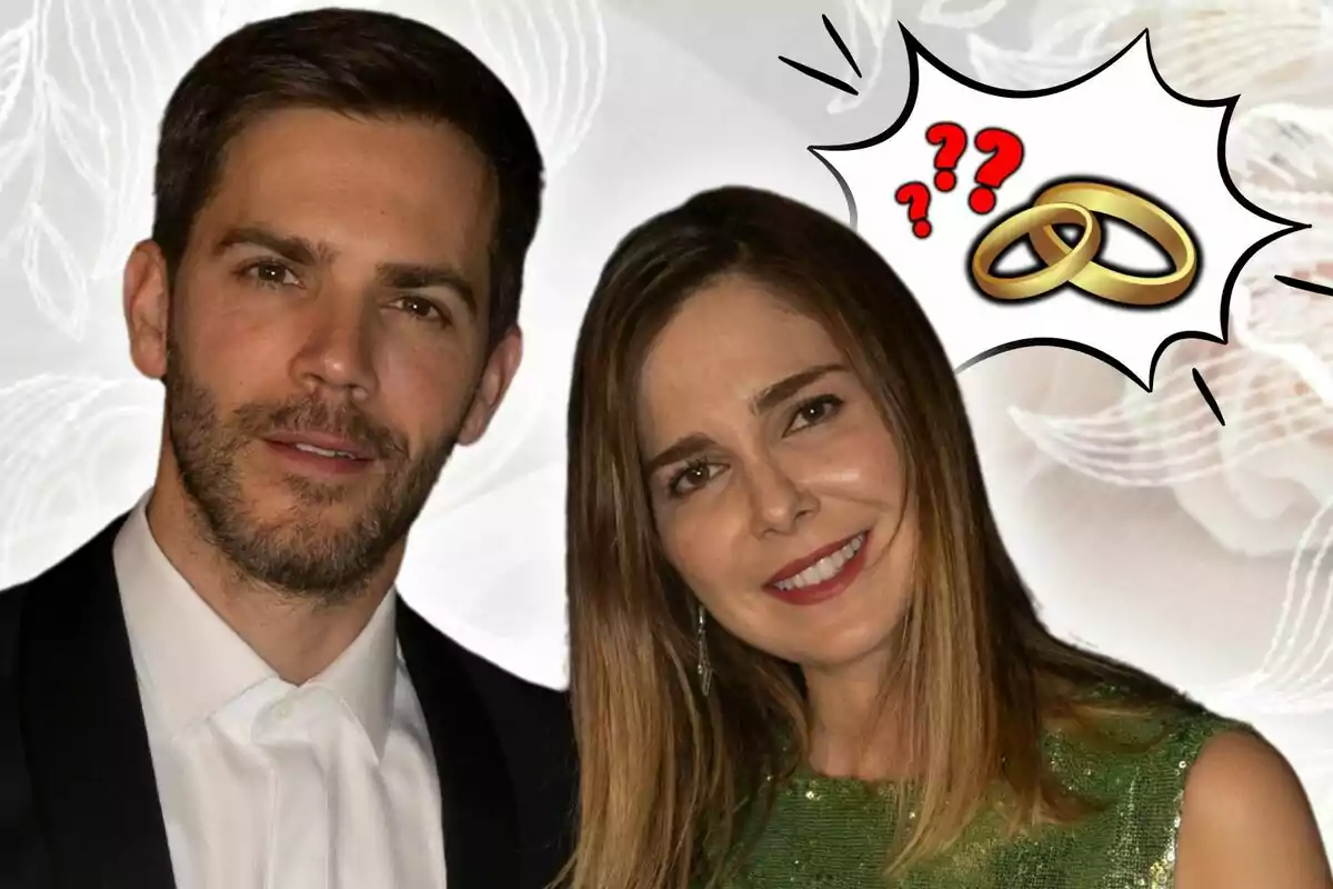 Una pareja sonriente, formada por Marc Clotet vestido de traje y Natalia Sánchez con un vestido verde, aparece junto a un dibujo de anillos de boda y signos de interrogación.