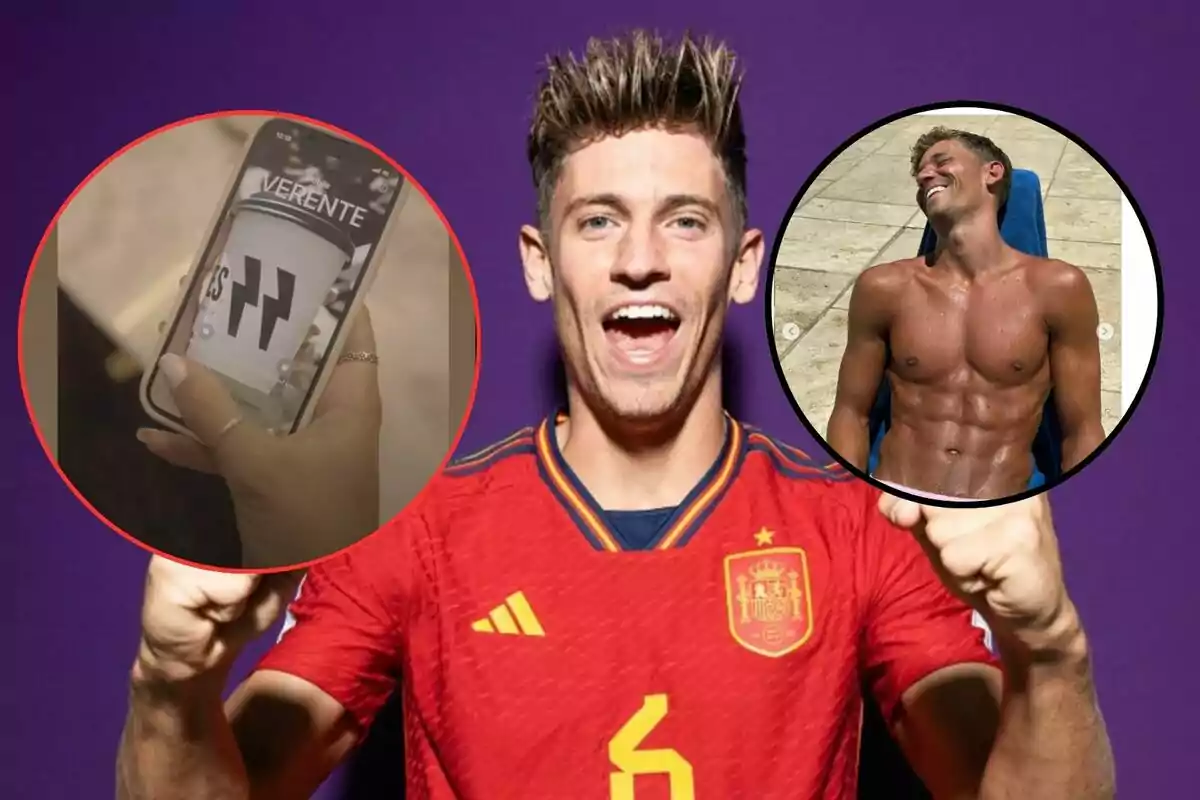 Un hombre con una camiseta de la selección española de fútbol celebra con los puños en alto, mientras que a su izquierda hay una imagen de una mano sosteniendo un teléfono móvil y a su derecha una imagen de un hombre sin camiseta mostrando su torso.